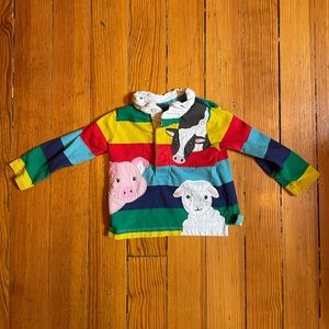 Baby Boden rainbow rugby shirt with embroidered farm animals - 9-12 months